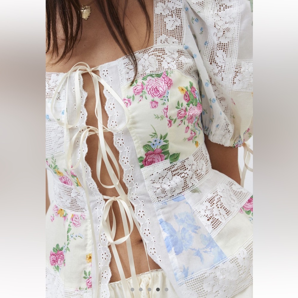 For Love & Lemons - Patchwork Violette Top Floral Lace-Up Puff Sleeve - Picture 5 of 8